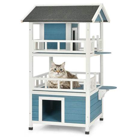 Catio de madera para gatos de 2 pisos para exteriores con recinto y refugio