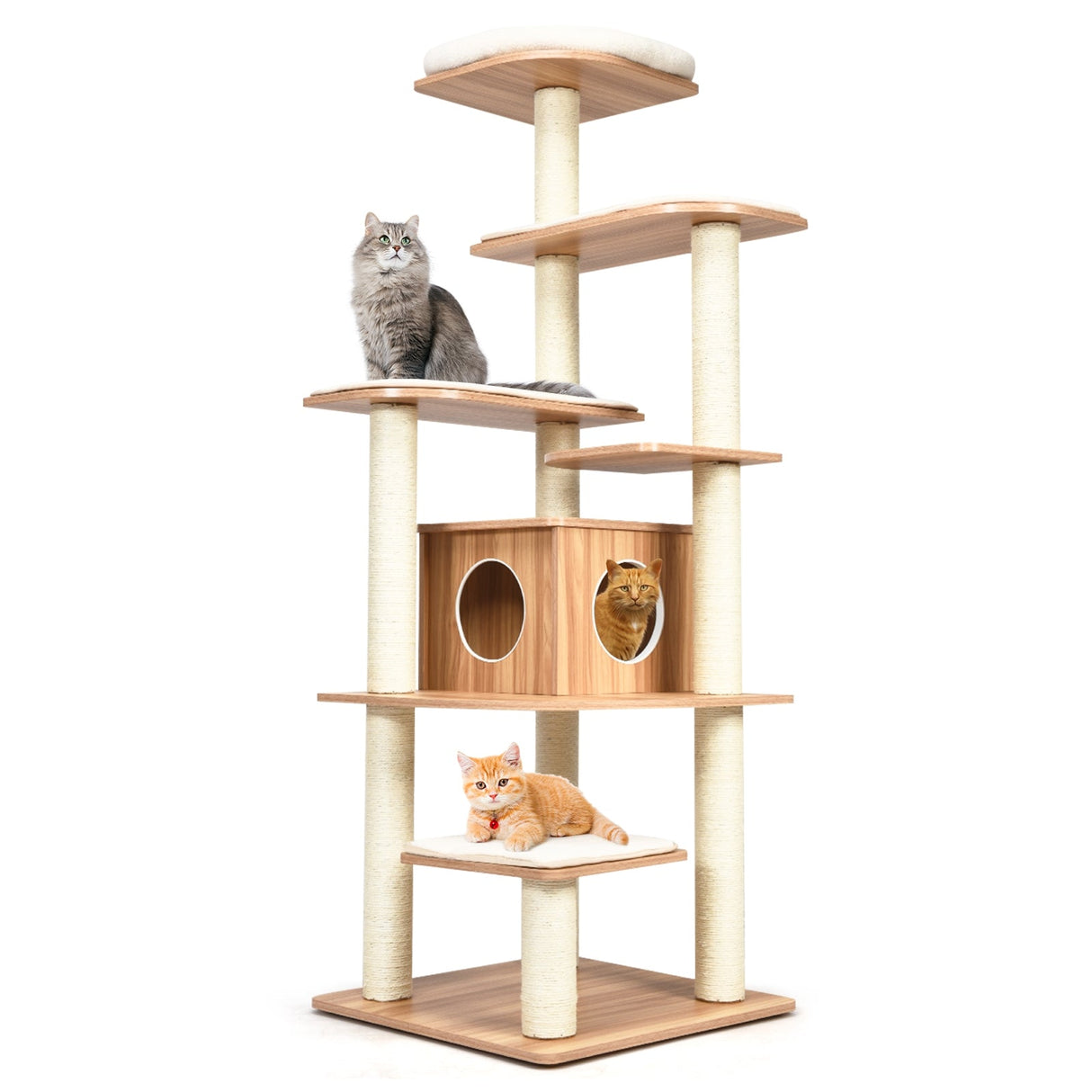 Árbol para gatos de madera de 7 niveles, torre alta para gatos con postes de sisal y condominio