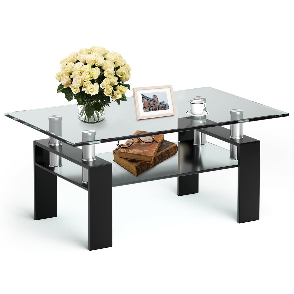 Mesa de centro rectangular de cristal con patas metálicas para salón