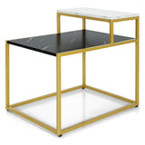 Mesa auxiliar de 2 niveles con estructura metálica y estante de almacenamiento para sala de estar-Blanco
