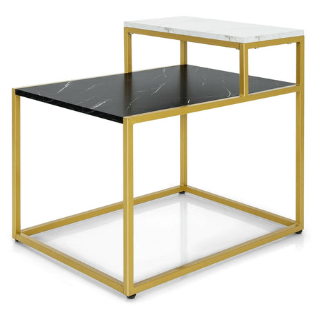 Mesa auxiliar de 2 niveles con estructura metálica y estante de almacenamiento para sala de estar-Blanco