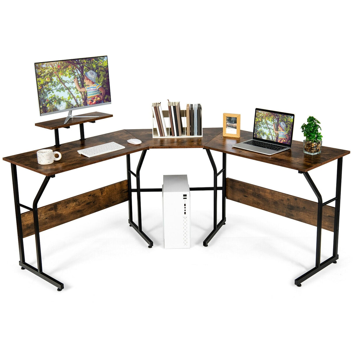 Mesa de escritorio para ordenador en forma de L reversible de 88,5 pulgadas con soporte para monitor