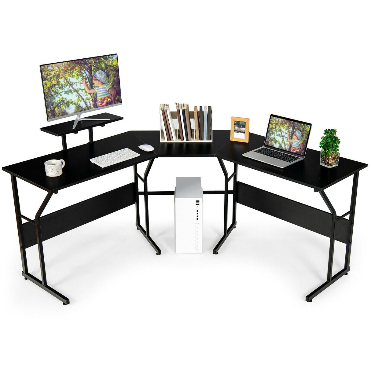 Mesa de escritorio para ordenador en forma de L reversible de 88,5 pulgadas con soporte para monitor