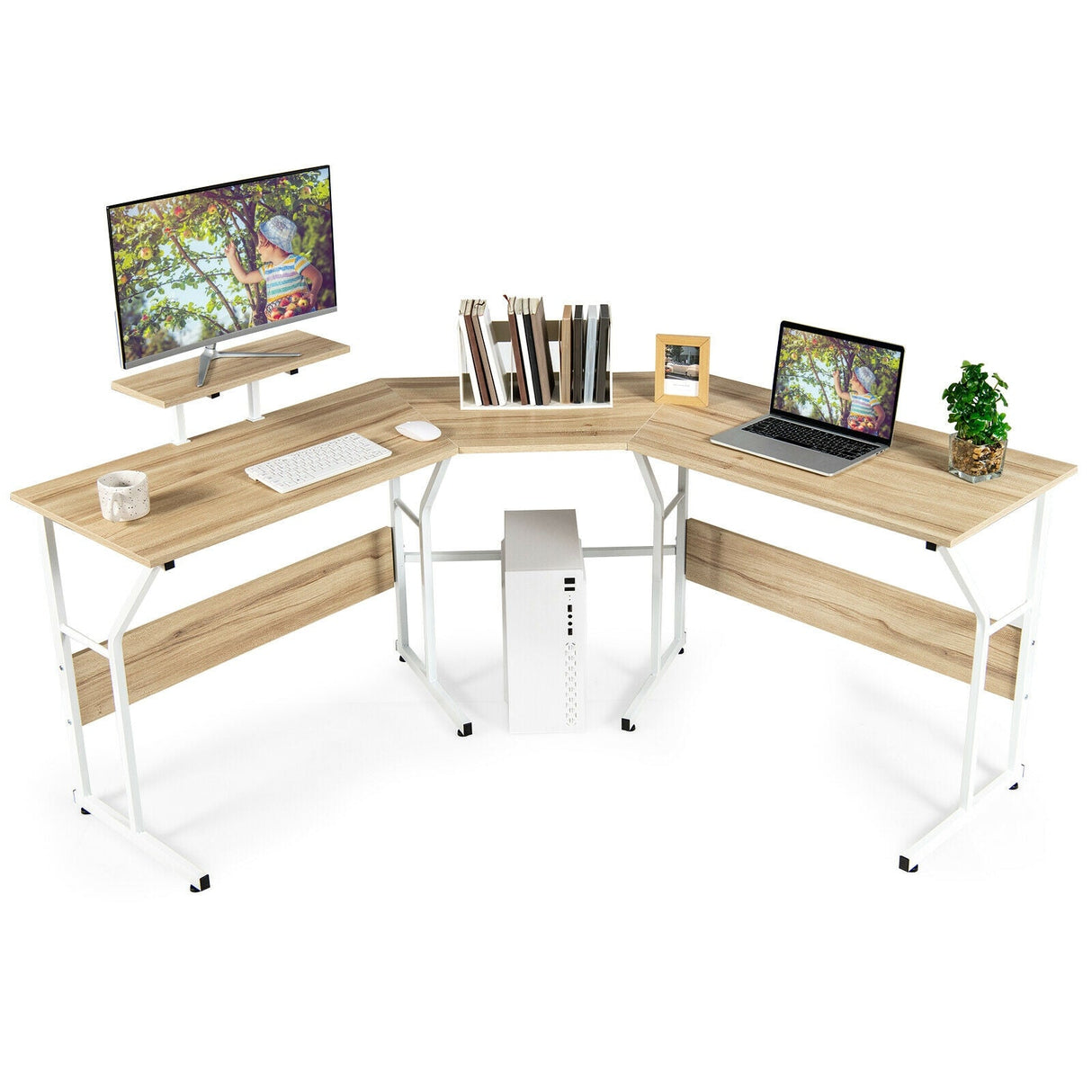 Mesa de escritorio para ordenador en forma de L reversible de 88,5 pulgadas con soporte para monitor