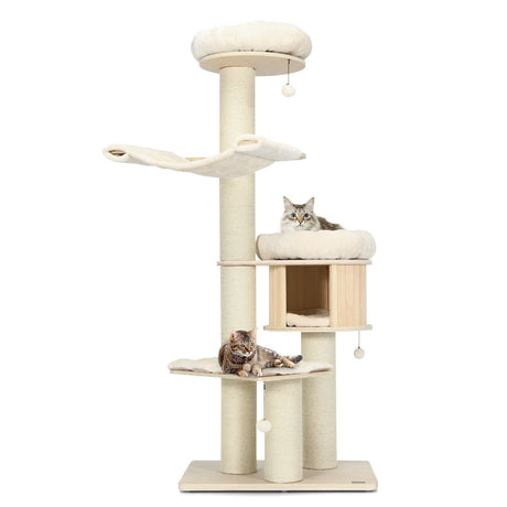 Árbol para gatos de madera de 4 niveles y 68.5 pulgadas, torre de actividades con postes de sisal - Natural