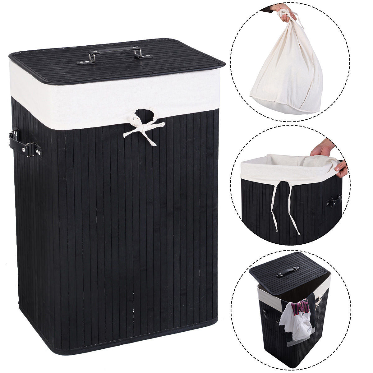 Cesto de ropa de bambú rectangular de 19 galones con asas y tapa