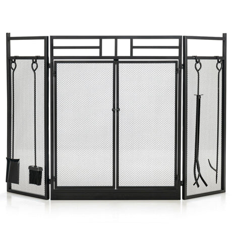 Pantalla plegable de hierro forjado de 3 paneles para chimenea con puertas y juego de 4 herramientas - Negro