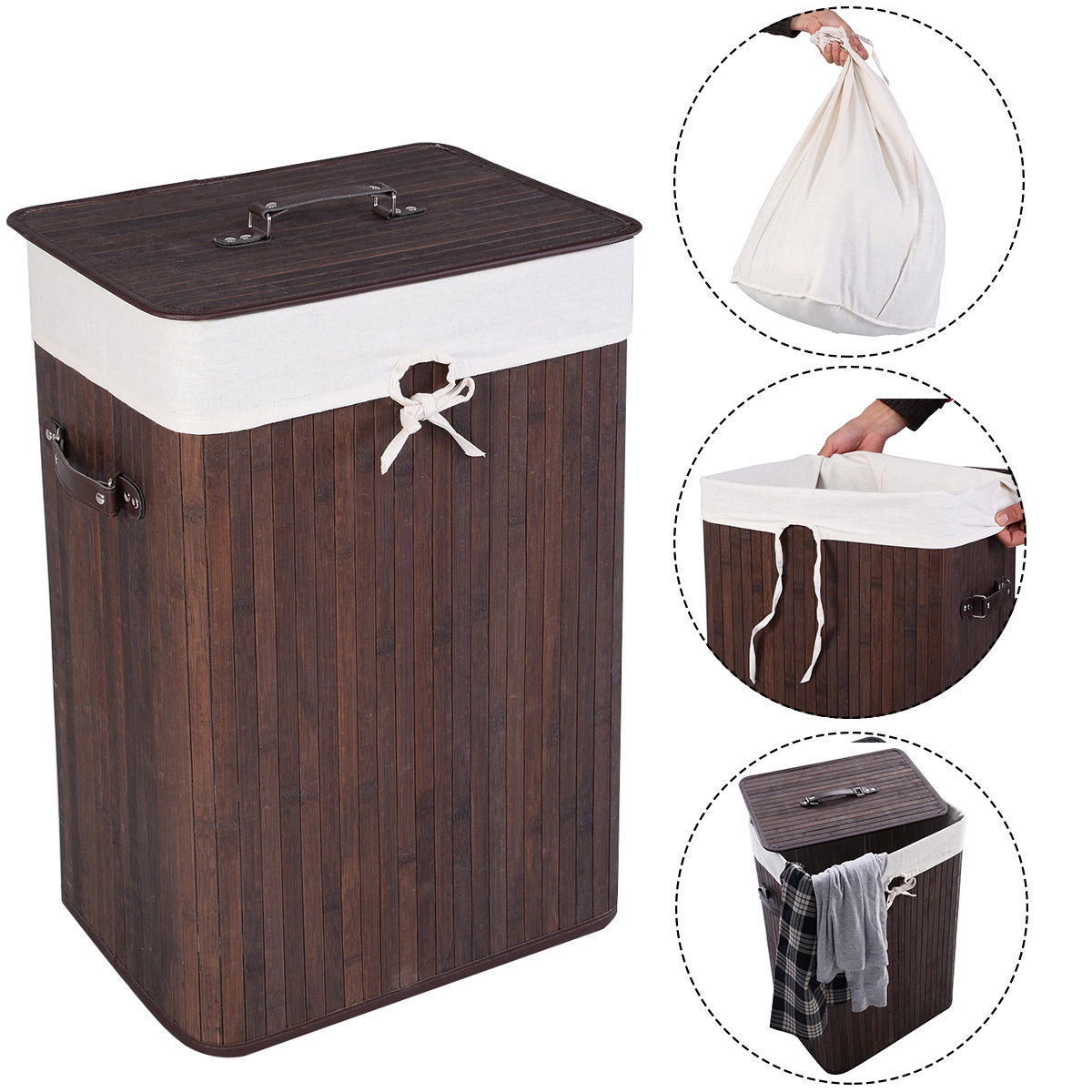 Cesto de ropa de bambú rectangular de 19 galones con asas y tapa