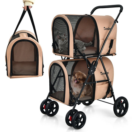 Cochecito doble 4 en 1 para mascotas con transportín desmontable y carruaje de viaje