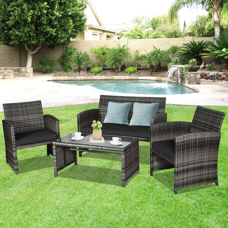Juego de muebles de patio de ratán de 4 piezas con mesa de cristal y sofá de dos plazas - Gris