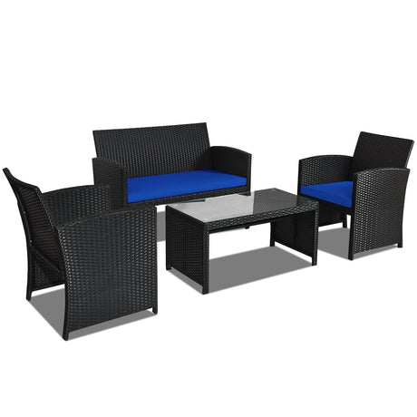 Juego de muebles de patio de ratán de 4 piezas con cojines resistentes a la intemperie y mesa de vidrio templado