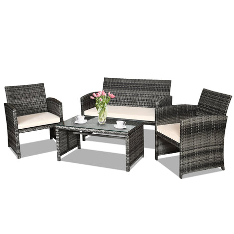 Juego de muebles de patio de ratán de 4 piezas con mesa de cristal y sofá de dos plazas - Gris
