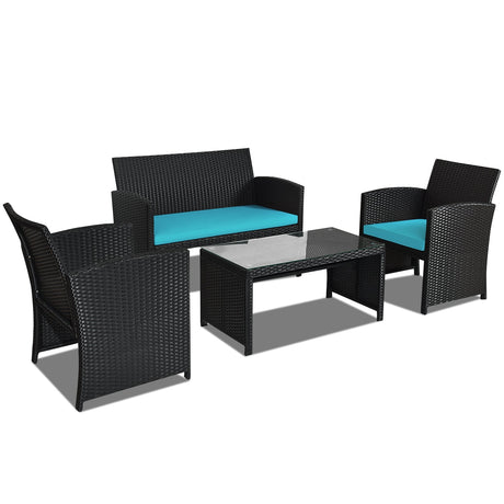 Juego de muebles de patio de ratán de 4 piezas con cojines resistentes a la intemperie y mesa de vidrio templado
