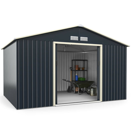 Cobertizo de almacenamiento metálico de 11 x 8 pies para jardín y herramientas con 2 puertas correderas con cerradura - Gris