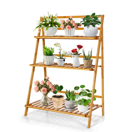 Estantería plegable de bambú de 3 niveles para plantas con estante de exhibición - Natural