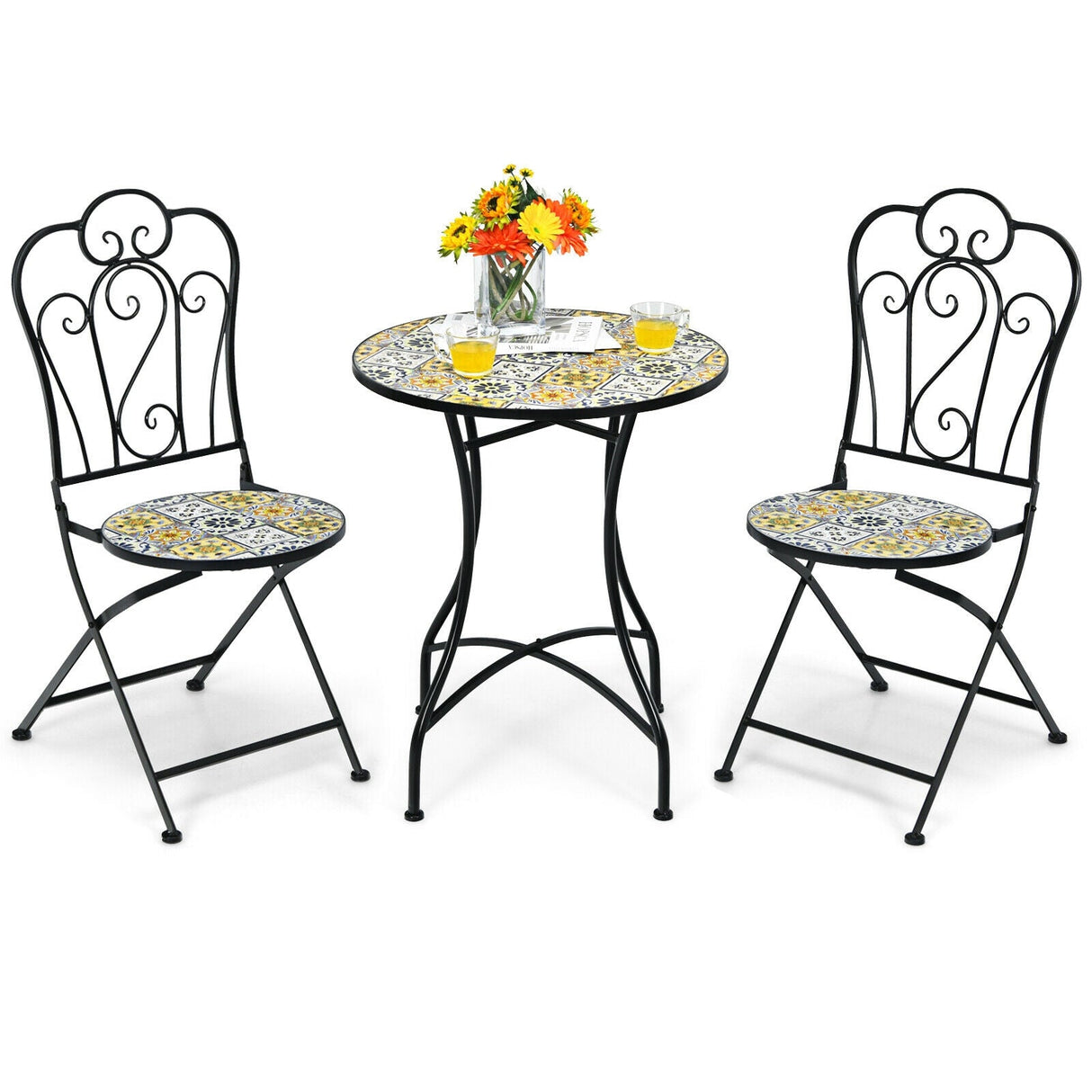 3 Pieces Patio Bistro Mosaic Design Set with Folding Chairs and Round Table