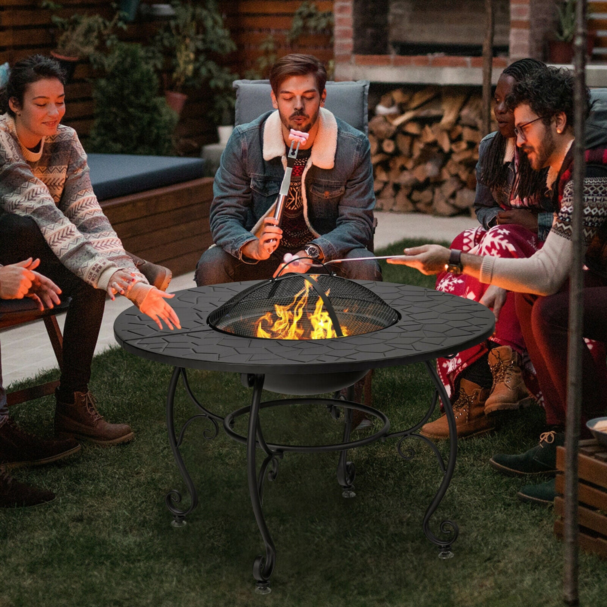 Mesa de comedor con brasero de patio de 35.5 pies con parrilla para barbacoa