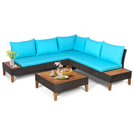 Juego de muebles de ratán acolchados para patio de 4 piezas con mesa auxiliar de madera