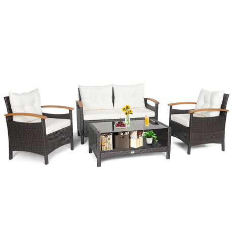Juego de muebles de patio de ratán de 4 piezas con sofá acolchado y mesa de almacenamiento
