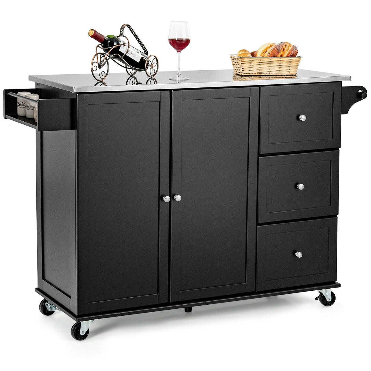 Isla de cocina con gabinete de almacenamiento de 2 puertas, cajones y encimera de acero inoxidable