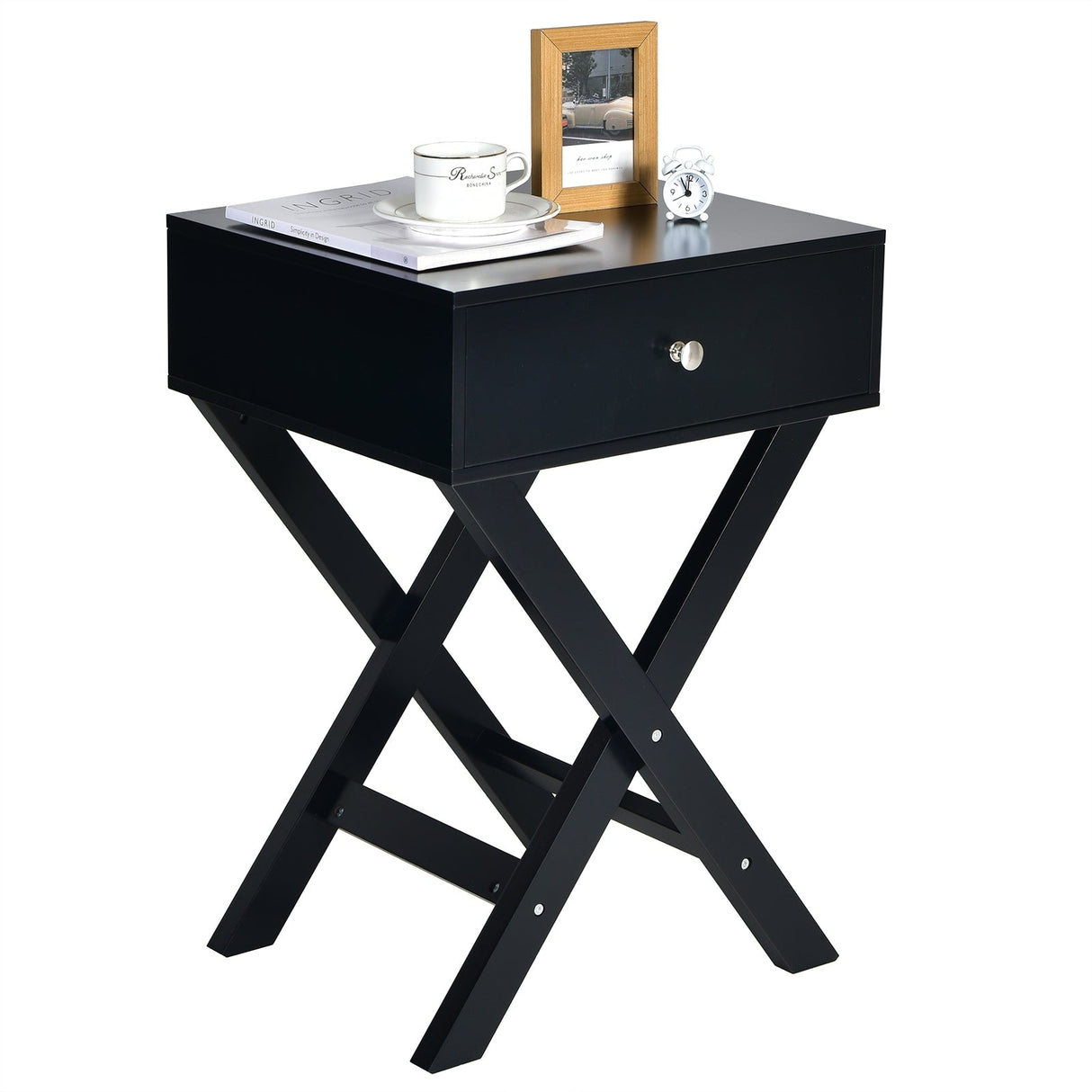 Mesita de noche moderna en forma de X con cajón para sala de estar o dormitorio