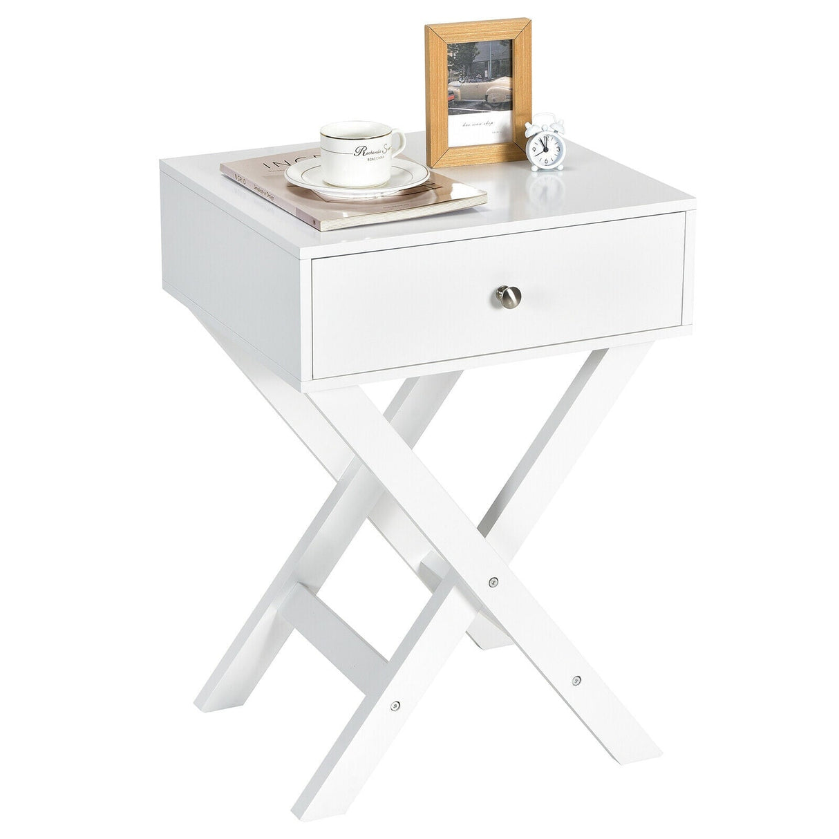 Mesita de noche moderna en forma de X con cajón para sala de estar o dormitorio