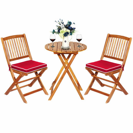 Juego de bistró plegable para patio de 3 piezas con cojín acolchado y mesa de centro redonda - Rojo
