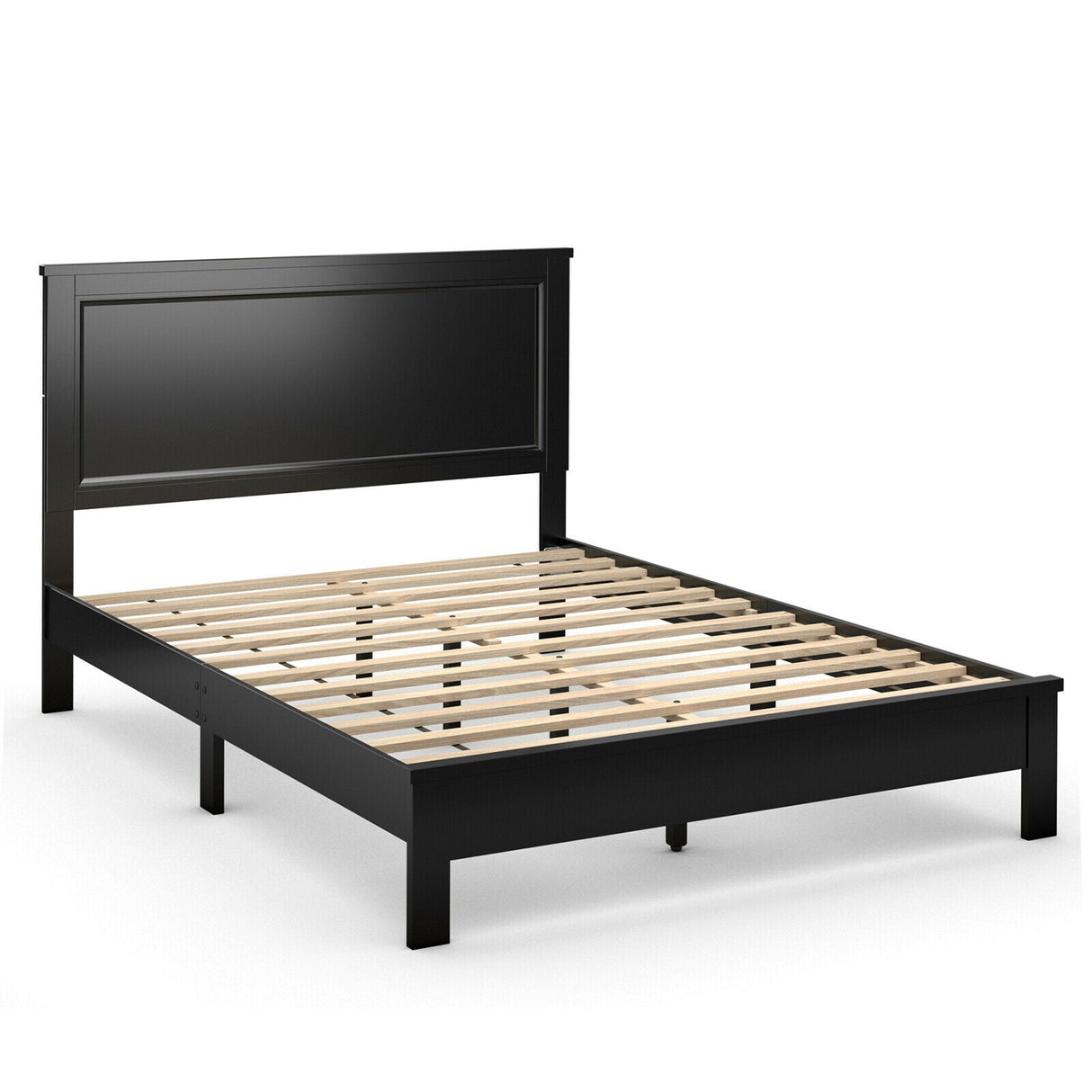 Base de cama de plataforma de tamaño matrimonial con somier de listones y cabecero alto