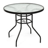 Mesa redonda de 32 pulgadas para patio, de cristal templado y estructura de acero, con práctico orificio para sombrilla