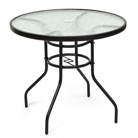 Mesa redonda de 32 pulgadas para patio, de cristal templado y estructura de acero, con práctico orificio para sombrilla