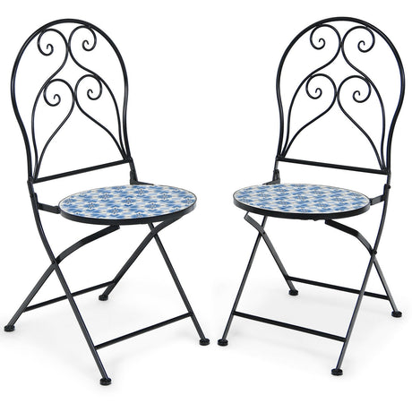 2 sillas de bistró plegables de mosaico para patio con estampado floral azul