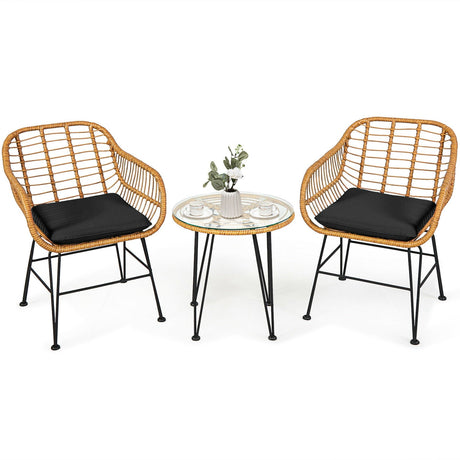 Juego de 3 Muebles de Ratán con Mesa y Sillas Acolchadas