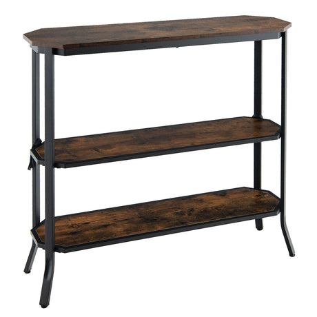 Mesa consola de sofá de entrada de 3 niveles con estructura de acero para pasillo y sala de estar-Marrón rústico