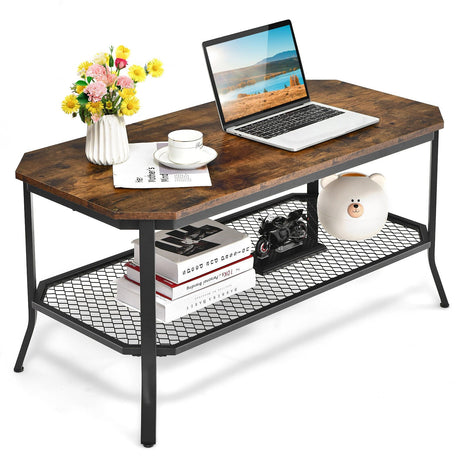 Mesa de centro industrial de 2 niveles con estante de almacenamiento de malla abierta para sala de estar - Marrón rústico
