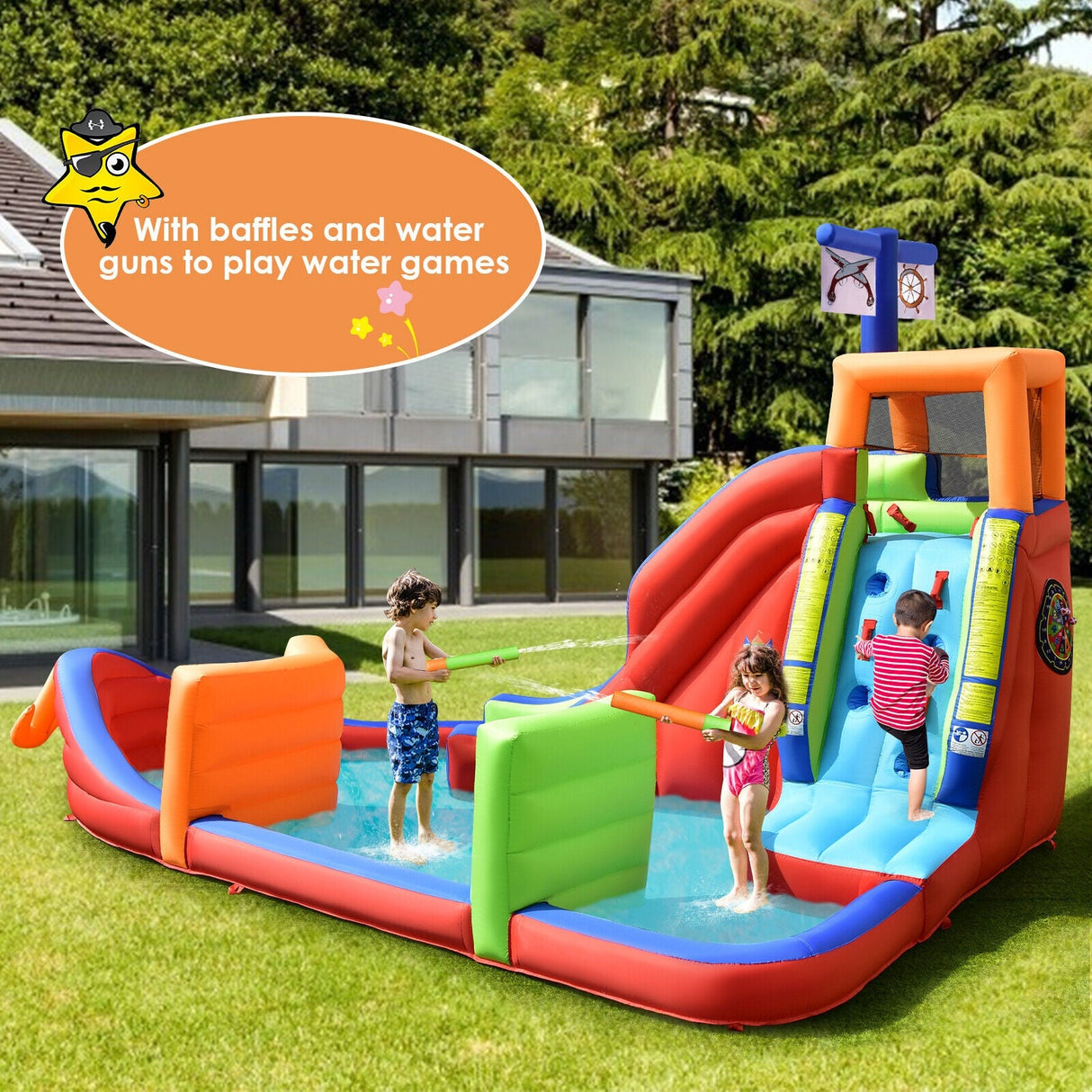 Castillo Hinchable Infantil 6 en 1 de Barco Pirata con Tobogán de Agua, Pistolas de Agua y Soplador de 735W