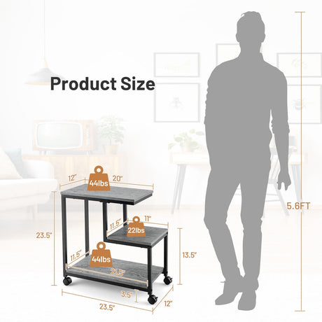 Mesa auxiliar de 3 niveles con almacenamiento y ruedas universales para sala de estar y dormitorio-Negro