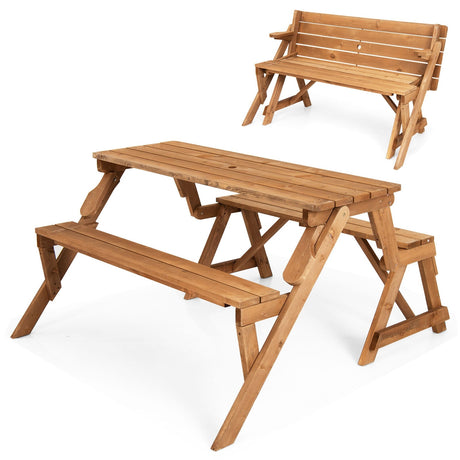Mesa de picnic de madera transformable 2 en 1 intercambiable con orificio para sombrilla - Marrón oscuro
