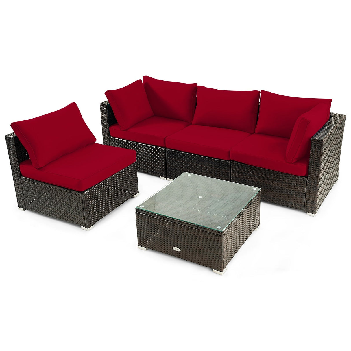 Juego de muebles de patio de ratán acolchados de 5 piezas con mesa de cristal