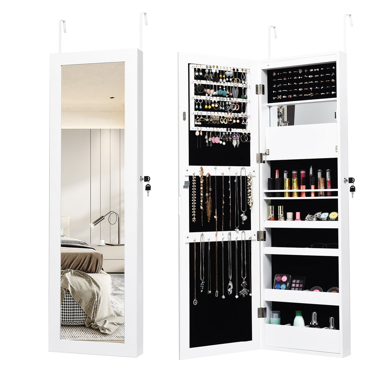 Joyero con espejo para puerta de pared con cerradura y luces LED