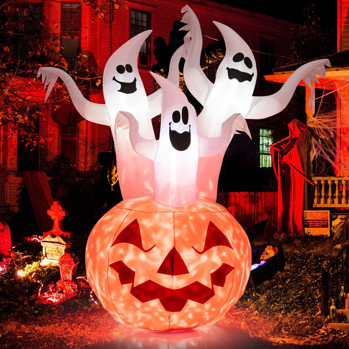 Fantasma inflable de Halloween de 6 pies con decoración de calabaza y lámpara giratoria