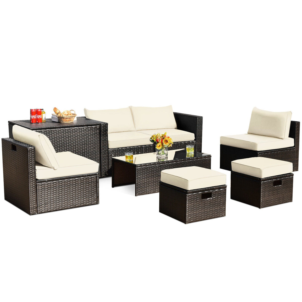 Juego de muebles de ratán de 8 piezas que ahorra espacio para patio con caja de almacenamiento y cubierta impermeable - Gris