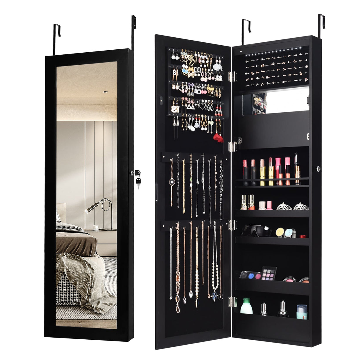 Joyero con espejo para puerta de pared con cerradura y luces LED