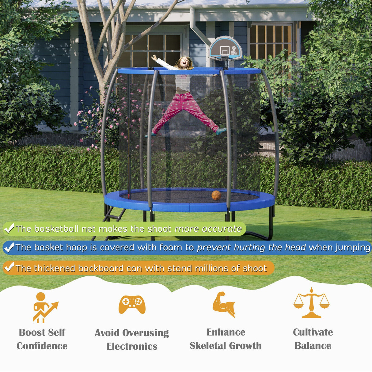Trampolín recreativo de 8/10 pies con canasta de baloncesto