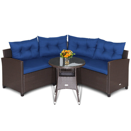 Juego de muebles de patio de ratán de 4 piezas con cojines para sofá y mesa de cristal