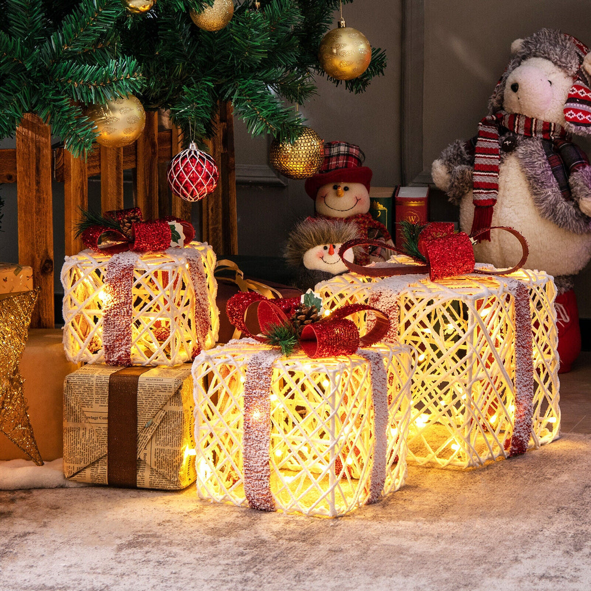 Set de 3 decoraciones de cajas de regalo navideñas iluminadas con lazos rojos