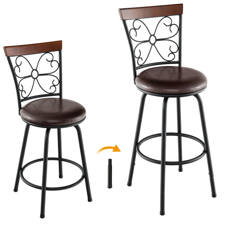 2 Taburetes de bar giratorios ajustables con cojín de PU de 24-30 pulgadas - Marrón