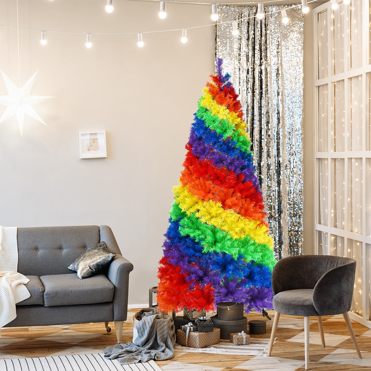 Árbol de Navidad tradicional artificial con bisagras de 2,1 m y base de metal