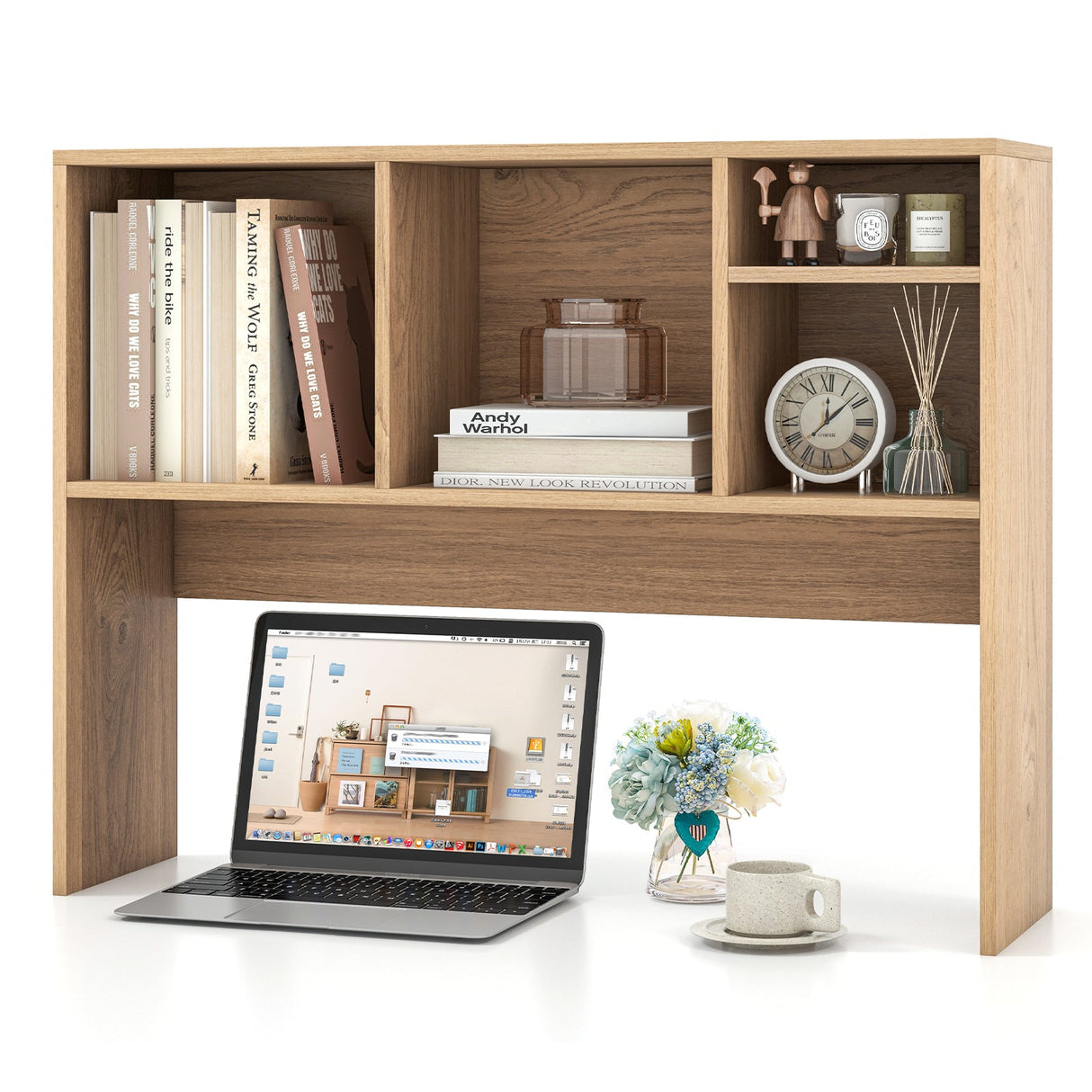 Computer Desktop Bookcase with 4 Cubbies and Open Back Compartment