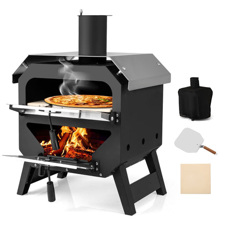 Horno de pizza exterior de 12 pulgadas con piedra para pizza para patio trasero, camping, barbacoa - Negro