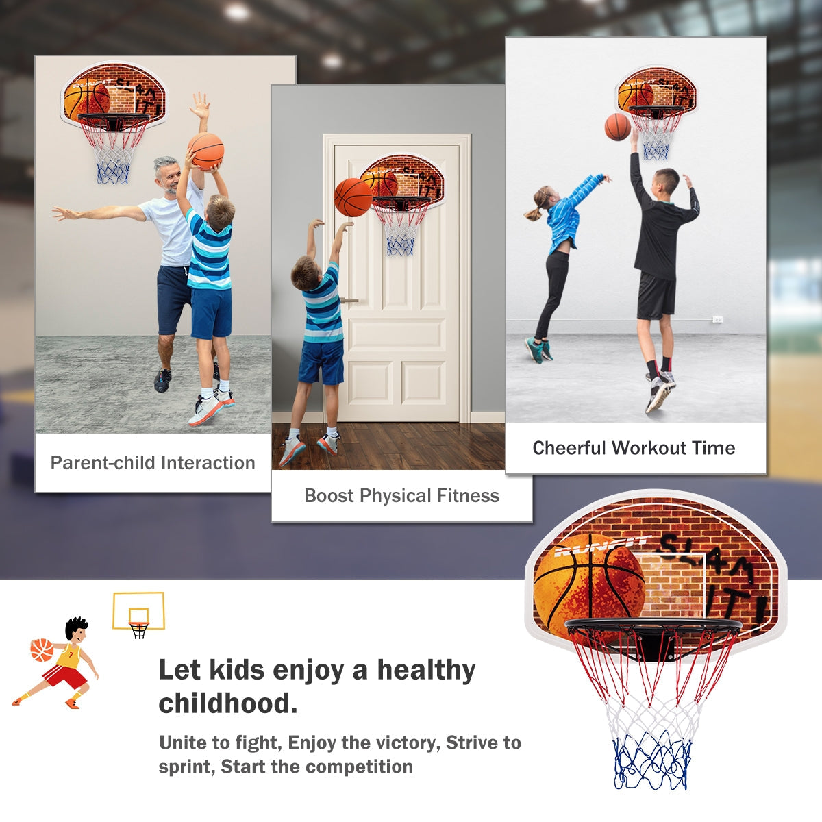Tablero de baloncesto montado en la pared con aro y 2 redes